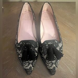 Pretty Loafers Black & White Lace Tassel Flats, Women's Size 39 (US 8.5) Spain
